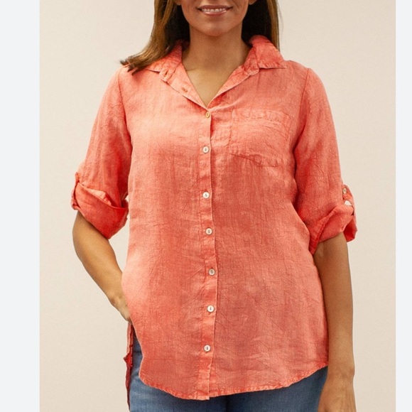 Sigrid Olsen 100% Linen Shirt Women L Button Up Peach Long Sleeve Minimalist - Picture 2 of 6
